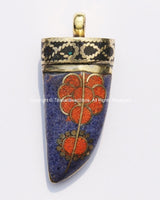 Tibetan Horn Tusk Amulet Pendant with Brass, Lapis, Orange Copal & Black Copal Inlays - Boho Tribal Ethnic Tibetan Horn Amulet - WM5041