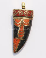Tibetan Horn Tusk Amulet Pendant with Brass, Coral, Black & Orange Copal Inlays - Tibetan Horn Pendant - Boho Tribal Ethnic Horn - WM5043