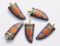 Tibetan Horn Tusk Amulet Pendant with Brass, Lapis, Orange Copal & Black Copal Inlays - Boho Tribal Ethnic Tibetan Horn Amulet - WM5041