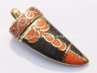 Tibetan Horn Tusk Amulet Pendant with Brass, Coral, Black & Orange Copal Inlays - Tibetan Horn Pendant - Boho Tribal Ethnic Horn - WM5043
