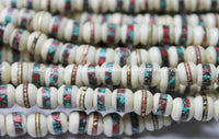 10 beads - 8mm Size Tibetan Ethnic White Bone Inlaid Beads with Turquoise & Coral Inlays - LPB12S-10