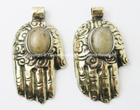Tibetan Buddha Hand Repousse Brass Pendant with Aventurine Inlay & Lotus Floral Details - Brass Buddha Hand - Hamsa Hand - WM5191A