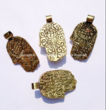 Tibetan Buddha Hand Repousse Brass Pendant with Aventurine Inlay & Lotus Floral Details - Brass Buddha Hand - Hamsa Hand - WM5191A