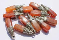 LARGE Tibetan Carnelian Pendant with Repousse Tibetan Silver Floral Caps - Healing Carnelian Pendant - Ethnic Tribal Jewelry - WM6083
