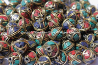 10 BEADS - Bicone Tibetan Beads with Brass, Lapis, Turquoise & Coral Inlays - Handmade Beads - Ethnic Tribal Tibetan Beads - B2579-10