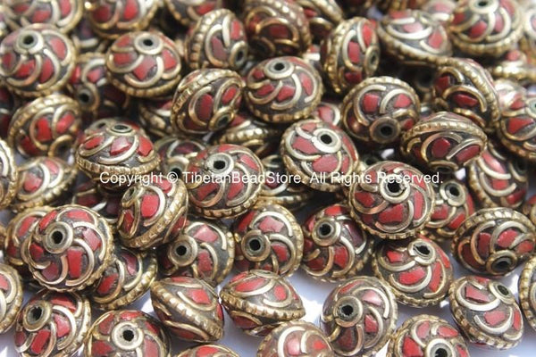 10 BEADS - Tibetan Floral Beads with Brass, Coral Inlays - Tibetan Beads - Floral Tibetan Brass Inlay Beads - B2596-10
