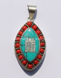 Tibetan Kalachakra Ghau Prayer Box Amulet Pendant with Turquoise & Coral Inlays - Buddhist Amulet Box Tibetan Pendant - WM6057