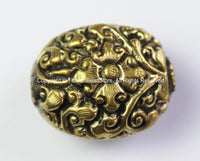2 BEADS - Tibetan Oval Shape Brass Beads with Repousse Carved Floral Details - Ethnic Tibetan Beads - B2415B-2