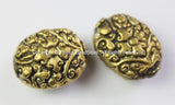 2 BEADS - Tibetan Oval Shape Brass Beads with Repousse Carved Floral Details - Ethnic Tibetan Beads - B2415B-2