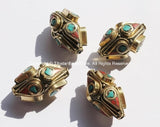 4 BEADS - BIG Ethnic Tibetan Thick Bicone Brass Beads with Turquoise & Copal Coral Inlays - Unique Tibetan Brass Beads - B1415B-4