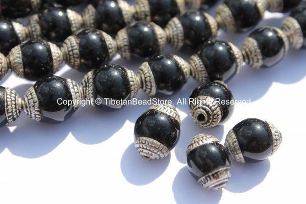 4 BEADS - Tibetan Black Onyx Beads with Tibetan Silver Caps - Ethnic Tibetan Beads - Handmade Tibetan Black Onyx Beads - B1808S-4