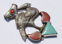 Large Tibetan Peacock Pendant with Turquoise & Coral Inlays - Handmade Repousse Tibetan Silver Peacock Tibetan Amulet Pendant - WM5421
