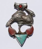 Large Tibetan Peacock Pendant with Turquoise & Coral Inlays - Handmade Repousse Tibetan Silver Peacock Tibetan Amulet Pendant - WM5421