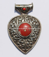 Large Ethnic Tibetan Repousse Carved Heart Shaped Pendant with Coral Inlays - Ethnic Tribal Tibetan Jewelry Pendant - WM5439