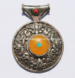 LARGE Ethnic Tribal Tibetan Pendant with Repousse Carved Lotus Floral Details, Amber, Turquoise & Coral Inlays - Tibetan Pendant - WM5429