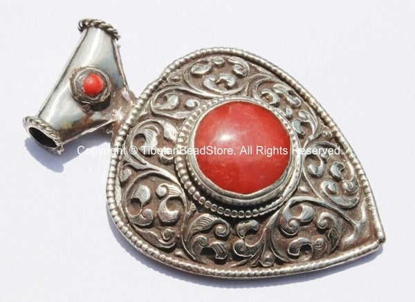 Large Ethnic Tibetan Repousse Carved Heart Shaped Pendant with Coral Inlays - Ethnic Tribal Tibetan Jewelry Pendant - WM5440