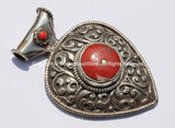 Large Ethnic Tibetan Repousse Carved Heart Shaped Pendant with Coral Inlays - Ethnic Tribal Tibetan Jewelry Pendant - WM5439