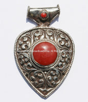 Large Ethnic Tibetan Repousse Carved Heart Shaped Pendant with Coral Inlays - Ethnic Tribal Tibetan Jewelry Pendant - WM5440