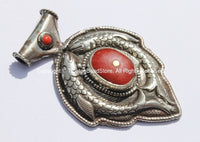 Large Ethnic Tibetan Pendant with Repousse Carved Double Fish Pendant with Red Coral Inlays - Ethnic Tribal Tibetan Pendant - WM5366