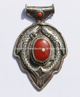 Large Ethnic Tibetan Pendant with Repousse Carved Double Fish Pendant with Red Coral Inlays - Ethnic Tribal Tibetan Pendant - WM5366