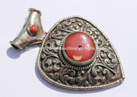 LARGE Ethnic Tibetan Repousse Carved Heart Shaped Pendant with Coral Inlays - Ethnic Tribal Tibetan Jewelry Pendant - WM5371