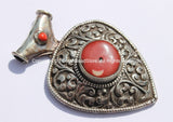 LARGE Ethnic Tibetan Repousse Carved Heart Shaped Pendant with Coral Inlays - Ethnic Tribal Tibetan Jewelry Pendant - WM5371
