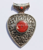 LARGE Ethnic Tibetan Repousse Carved Heart Shaped Pendant with Coral Inlays - Ethnic Tribal Tibetan Jewelry Pendant - WM5371