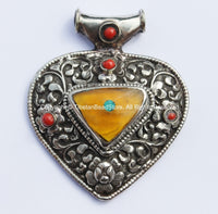 LARGE Ethnic Heart Shaped Tibetan Pendant with Repousse Carved Tibetan Silver Lotus Floral Details, Amber, Turquoise & Coral Inlays - WM5283