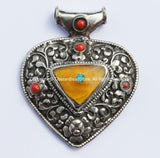 LARGE Ethnic Heart Shaped Tibetan Pendant with Repousse Carved Tibetan Silver Lotus Floral Details, Amber, Turquoise & Coral Inlays - WM5283