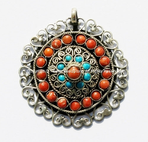 Nepalese Round Filigree Floral Pendant with Coral & Turquoise Inlay - TibetanBeadStore Ethnic Nepal Tibetan Beads Pendants Jewelry - WM234