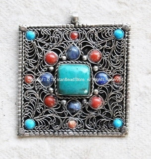 Tibetan Filigree Square Pendant with Turquoise, Coral & Lapis Inlay - TibetanBeadStore - Ethnic Nepal Tibetan Beads Pendants Jewelry - WM285