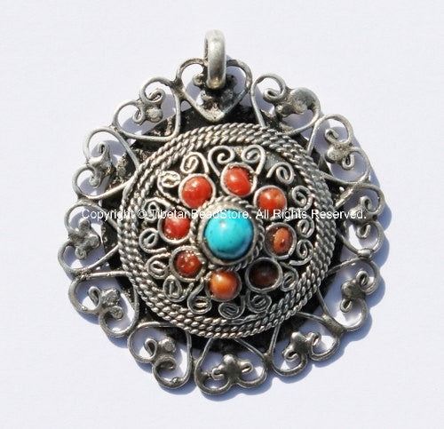 Tibetan Pendant - Filigree Floral Pendant with Turquoise & Coral Inlays - TibetanBeadStore Tibetan Pendants Jewelry Supplies - WM494