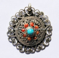 Tibetan Pendant - Filigree Floral Pendant with Turquoise & Coral Inlays - TibetanBeadStore Tibetan Pendants Jewelry Supplies - WM494