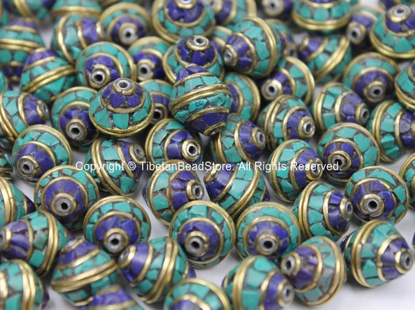 10 BEADS Tibetan Bicone Shape Brass Beads with Lapis, Turquoise Inlays - TibetanBeadStore Brass Inlay Beads- Tibetan Beads - B2750-10 - TibetanBeadStore
