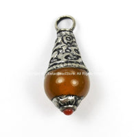 5 PENDANTS Small Ethnic Tibetan Amber Resin Charm Pendants with Repousse Floral Caps & Coral Bead Accent - Tibetan Pendant - WM5104-5