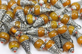5 PENDANTS Small Ethnic Tibetan Amber Resin Charm Pendants with Repousse Floral Caps & Coral Bead Accent - Tibetan Pendant - WM5104-5