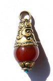 Small Tibetan Carnelian Drop Charm Pendant with Carved Brass Caps & Turquoise Colored Bead Accent - TibetanBeadStore Charms Pendants- WM3595
