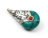 Small Ethnic Tibetan Turquoise Green Resin Drop Amulet Charm Pendant with Repousse Tibetan Silver Caps, Coral Accent- Charms - WM5680T-1