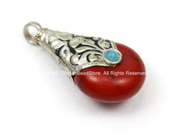 Small Ethnic Tibetan Red Coral Crackle Resin Drop Amulet Charm Pendant with Repousse Tibetan Silver Caps, Blue Bead Accent - WM5680C-1