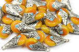 2 PENDANTS Small Ethnic Tibetan Yellow Honey Amber Resin Drop Charm Pendants with Repousse Tibetan Silver Caps, Blue Bead Accent - WM5680A-2