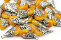 5 PENDANTS Small Ethnic Tibetan Yellow Honey Amber Resin Drop Charm Pendants with Repousse Tibetan Silver Caps, Blue Bead Accent - WM5680A-5
