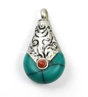 Small Ethnic Tibetan Turquoise Green Resin Drop Amulet Charm Pendant with Repousse Tibetan Silver Caps, Coral Accent- Charms - WM5680T-1