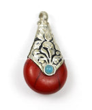Small Ethnic Tibetan Red Coral Crackle Resin Drop Amulet Charm Pendant with Repousse Tibetan Silver Caps, Blue Bead Accent - WM5680C-1