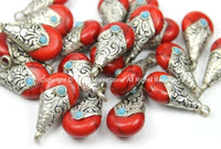 5 PENDANTS Small Ethnic Tibetan Red Coral Crackle Resin Drop Charm Pendants with Repousse Tibetan Silver Caps, Blue Bead Accents- WM5680C-5