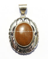 Tibetan Engraved Cut Round Pendant with Brown Jasper Inlay by TibetanBeadStore - Handmade Nepal Tibetan Jewelry - Tibetan Pendant - WM5215