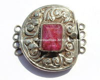 OOAK Ethnic Tibetan Handmade Repousse Tibetan Silver Box Clasp with Faceted Ruby Onyx Gemstone Inlay, Floral Details on Front & Back -B2618