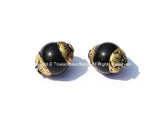 2 BEADS Small Black Onyx Tibetan Beads with Repousse Brass Caps - TibetanBeadStore - Tibetan Beads, Pendants, Jewelry - B498-2