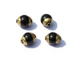 4 BEADS Small Black Onyx Tibetan Beads with Repousse Brass Caps - Handmade Tibetan Beads - TibetanBeadStore Jewelry Supplies - B499-4