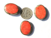 4 BEADS Tibetan Beads with Brass, Coral & Turquoise Inlays - Ethnic Tibetan Handmade Beads - TibetanBeadStore - B2065-4