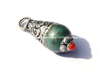 2 PENDANTS Tibetan Turquoise Drop Amulet Charm Pendants with Tibetan Silver Caps & Coral Accent - TibetanBeadStore Boho Charms - WM1871-2
